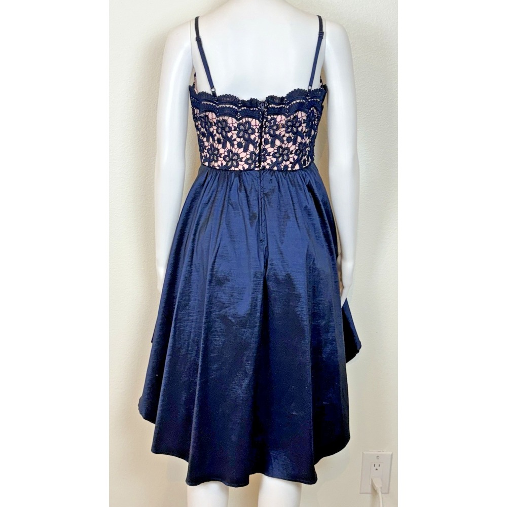 B‎ Darlin Juniors Formal Babydoll Hi Low Mini Dress 5/6 Navy Pink Lace Y2K Grad - Picture 5 of 11